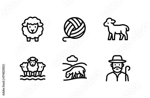 Set of farm animal and wool icons in simple outline style