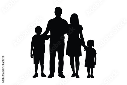 Silhouette of a happy family with two children standing together outdoors