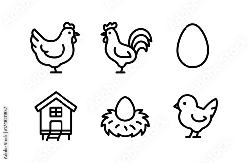 Farm icons: chickens, eggs, and coop in minimal line art style