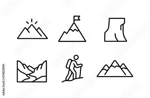 Minimalist mountain icons set featuring hiking and adventure symbols