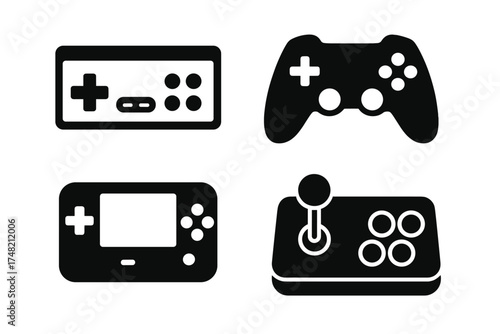 Black silhouette icons of video game controllers, arcade sticks, and handheld devices