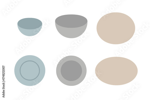 Minimalist set of six kitchen dishes including round bowls, circular plates, and an oval serving platter