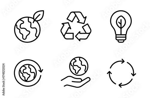 Eco-friendly icon set: recycle, energy, earth conservation in linear style