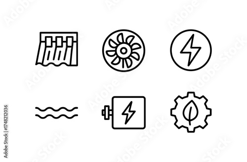 Minimal energy icons: solar, wind, hydro, biofuel, electric power set