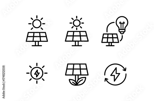 Linear solar energy icons set with sun, panels, and eco elements