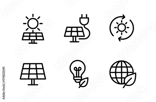 Eco-friendly solar energy icons: sustainable power, renewable growth