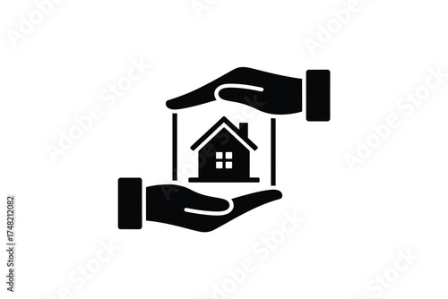 Two hands protectively cradling a small house icon symbolizing security and home ownership