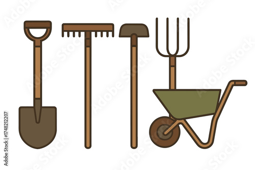 Set of essential gardening and farming tools including shovel rake hoe pitchfork and wheelbarrow