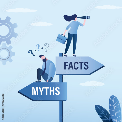 Business people thinking and compare between facts or myths. Reality versus mythology knowledge concept. Myths vs Facts, true or false information, fake news or fictional