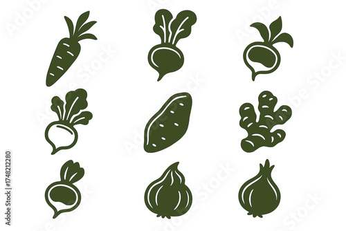 Dark green minimalist glyphs of organic root vegetables tubers and aromatic spices