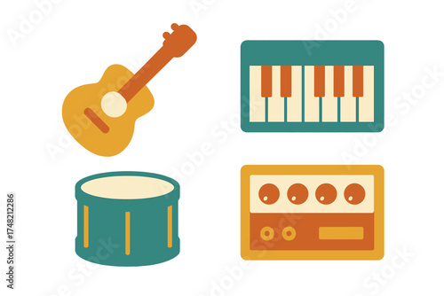 Vintage musical equipment icons set featuring acoustic guitar, electronic keyboard, drum, and audio amplifier