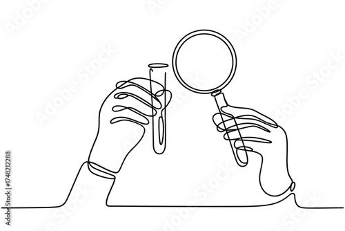 Scientist s hands in gloves holding test tube and magnifying glass in continuous line drawing