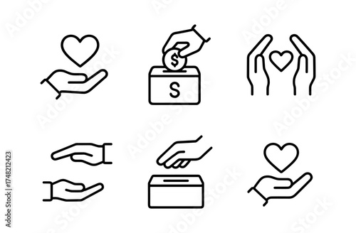 Minimalist charity icons set showcasing hands, hearts, and donation boxes