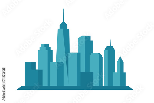 Stylized urban cityscape silhouette featuring modern skyscrapers and high-rise buildings in teal and blue shades