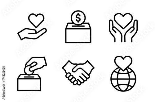 Minimalist charity and donation icons featuring hands, hearts, and money