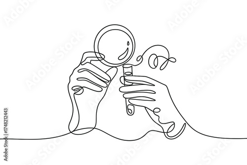 Continuous line drawing of hands holding a magnifying glass and a test tube