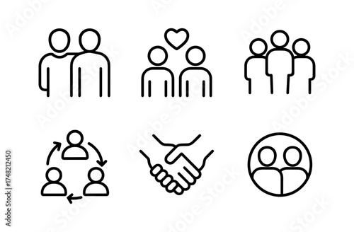 Minimalist line icons of community, teamwork, and connection concepts