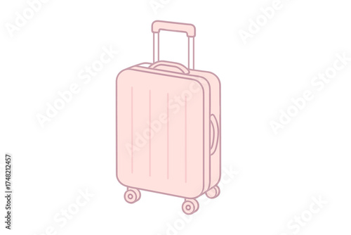 Pastel pink travel suitcase with four wheels and telescoping handle ready for vacation