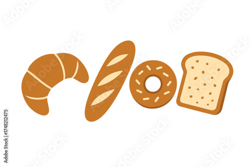 Assortment of popular baked goods including croissant baguette donut and sliced bread