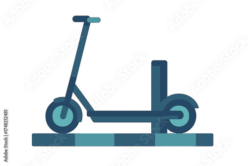 Modern electric kick scooter standing on a sidewalk block in flat minimalist design style
