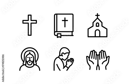 Minimalist religious icons featuring cross, bible, church, worship, and prayer symbols