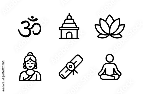 Linear yoga and spiritual icons set featuring meditation, lotus, and temple symbols