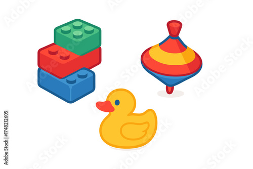 Colorful stackable toy bricks, classic yellow rubber duck, and a traditional spinning top isolated on white
