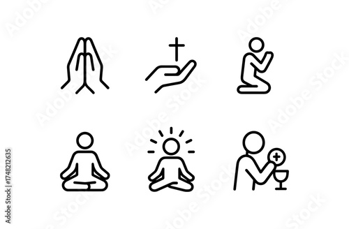 Minimalist religious and spiritual icons set featuring meditation and prayer symbols