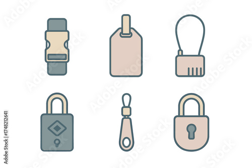 Set of travel security accessories including padlocks, luggage tags, and quick-release buckle