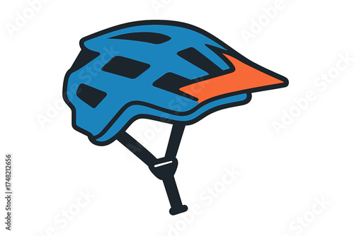 Blue and orange mountain biking helmet with visor and chin strap safety equipment