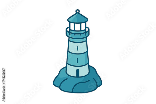 Stylized blue lighthouse standing on a rocky island base providing guidance and safety