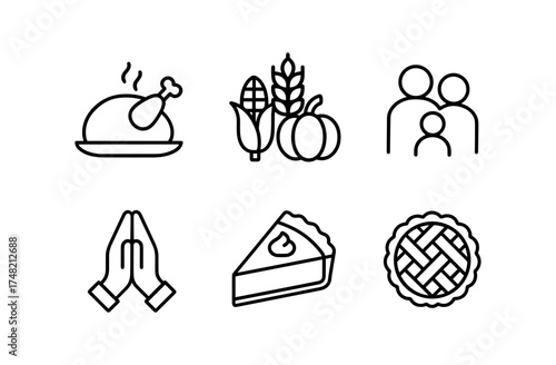 Thanksgiving icons set of holiday meal, family, and harvest symbols in line art