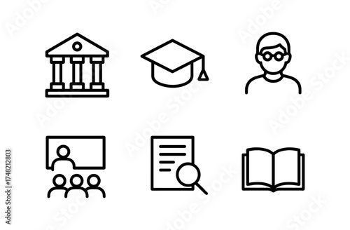 Set of linear education icons: school, graduation cap, teacher, classroom, document, open book
