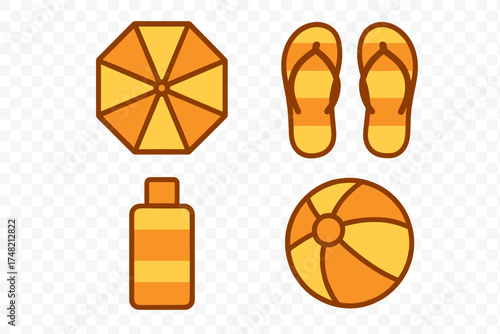 Summer vacation and beach holiday items set: sun umbrella, flip flops, sunscreen, inflatable ball
