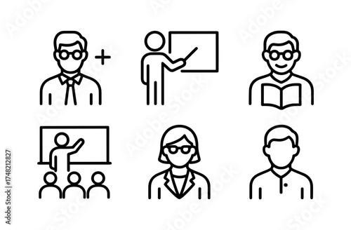 Linear icons of professionals and educators in various settings