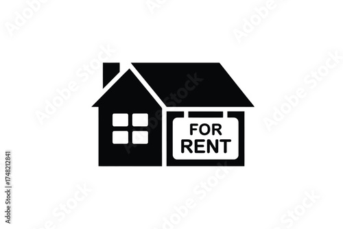 Simple silhouette icon of a house with a for rent sign on the front