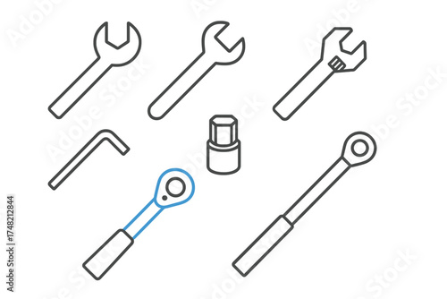 Outline set of professional maintenance and repair tools including spanners, socket, and ratchet handle