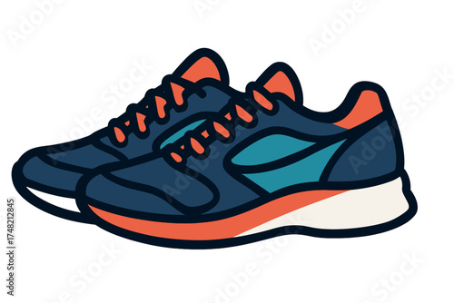 Modern athletic running shoes in dark blue and orange colors for fitness training