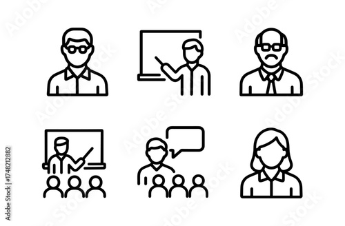 Minimalist teacher and classroom line icons for educational design projects