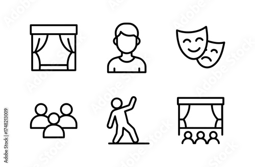 Theater icons: drama masks, stage, audience, performer in minimalist line design