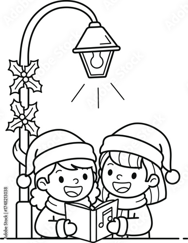 Adorable Kids Caroling Under Lamppost Line Art - Festive Winter Holiday Scene, Christmas Celebration, Black and White Drawing for Coloring Book