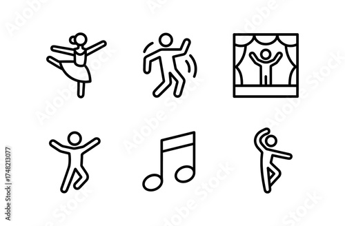 Minimalist dance icon set featuring ballet and music elements in linear style