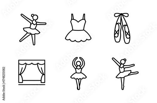 Elegant simple ballet icons featuring dancers, tutu, and shoes in linear design