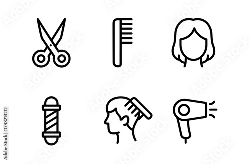 Line art hair salon icons featuring scissors, comb, hairdryer, and profiles