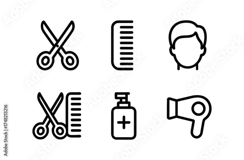 Hair salon icons set featuring scissors, comb, hairdryer, and more in linear style