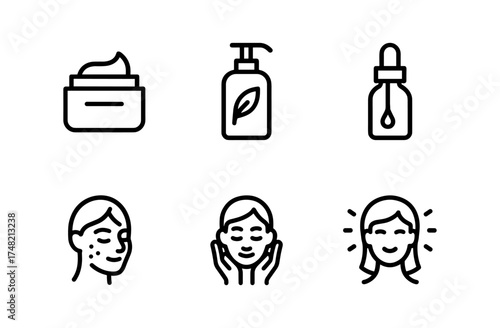 Linear skincare icons: creams, serums, and facial care in black and white