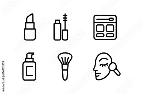 Minimalist cosmetic icons set featuring makeup essentials and beauty tools