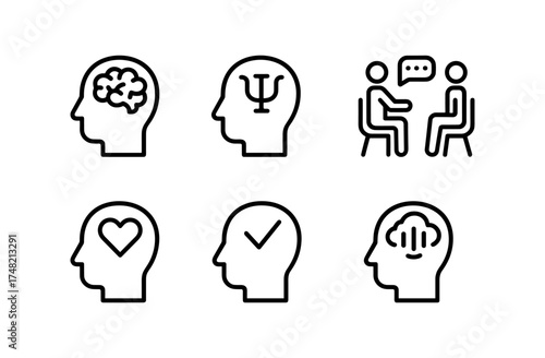 Mental health line art: counseling, psychology, mindfulness, and emotional wellbeing icons