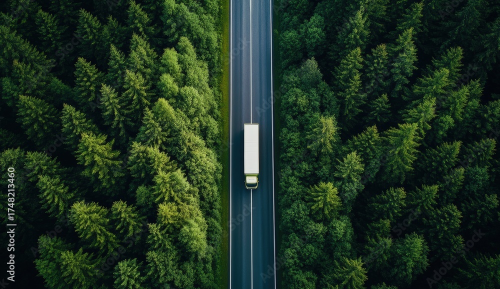 Obraz premium Aerial view of a truck traveling on a road through dense, lush green forests, showcasing the harmony between transportation and nature.