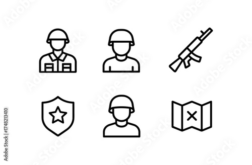 Simple army icons set featuring soldier, rifle, and shield elements